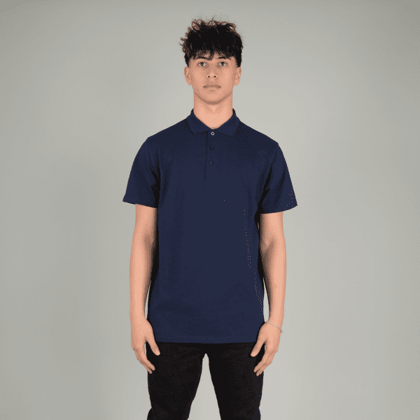 A navy blue polo shirt with short sleeves and a three-button placket, featuring a subtle logo.