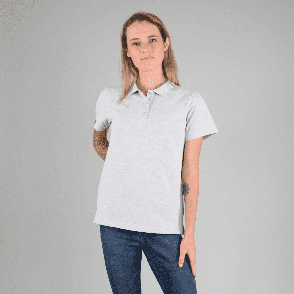 A light grey ladies polo shirt featuring a collar, short sleeves, and a logo on the chest area.