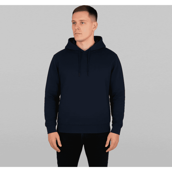 A dark navy hoodie with a front pouch and drawstring hood, featuring a logo.