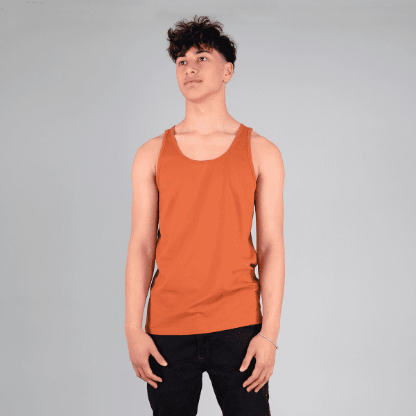 An orange adult singlet displayed on a model against a grey background. The singlet has a branding logo.