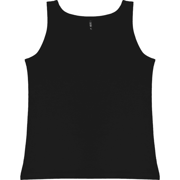 A black ladies singlet with a rounded neckline and a subtle logo on the label.