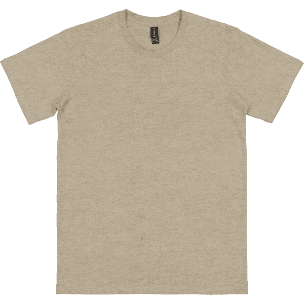 A light beige adult T-shirt with short sleeves and a logo on the label.