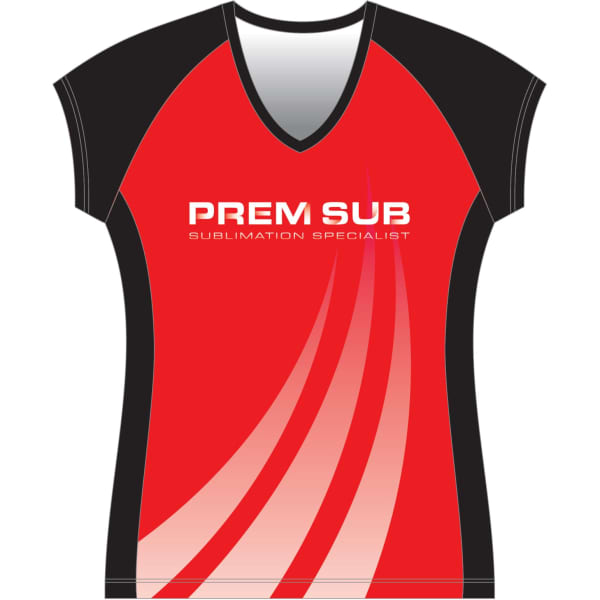 A red and black cap sleeve volleyball jersey featuring a logo and curved design elements.