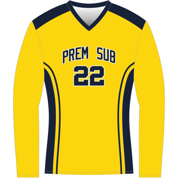 A yellow volleyball jersey with navy accents and a logo, featuring long sleeves and a V-neck design.