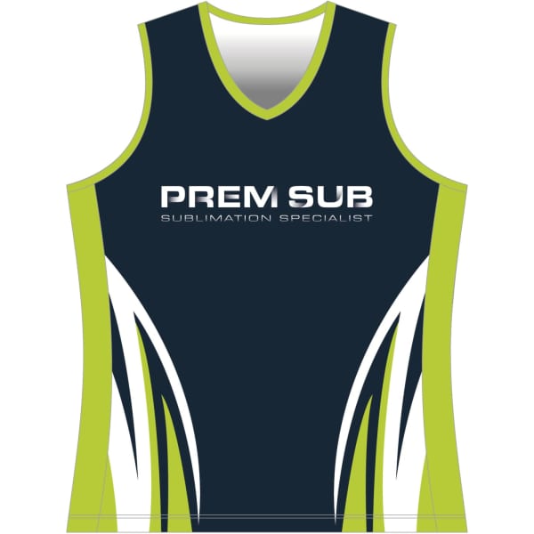 A sleeveless volleyball singlet in navy and lime green, featuring a logo and dynamic design elements.
