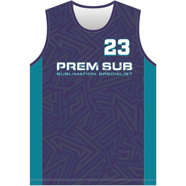 A sleeveless volleyball jersey in navy with a geometric pattern and teal accents. Features a logo and number 23.
