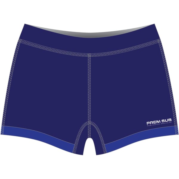 Navy blue volleyball shorts with contrasting blue trim and a logo on the side.
