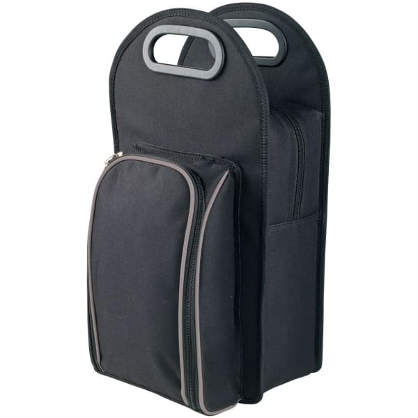 A drink bottle cooler bag in black with a zippered front pocket and dual carrying handles.