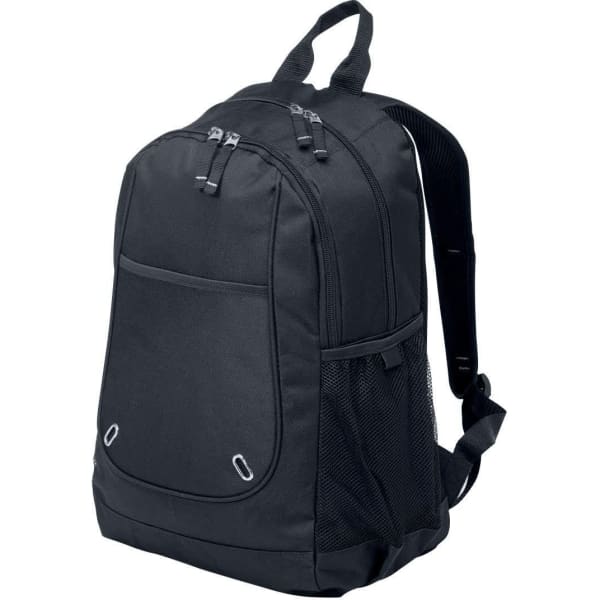 A black backpack with multiple compartments and a mesh pocket. It has a carrying handle and adjustable straps.