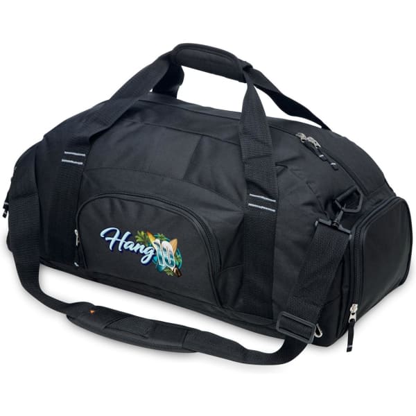 A black duffle bag featuring a zippered main compartment, a shoulder strap, and a logo on the side.