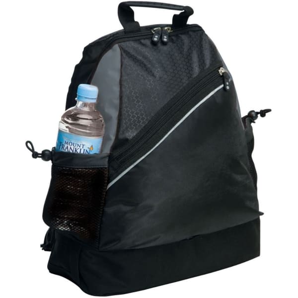 A black backpack with a drink bottle in a side pocket and a zippered compartment. It features a logo.