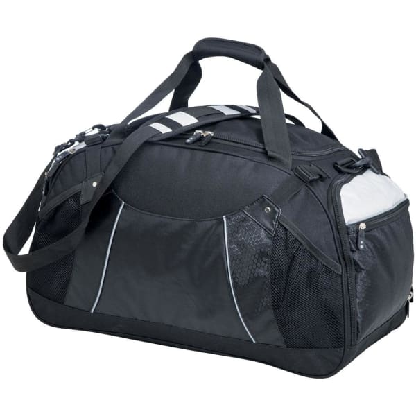 A black duffle bag with mesh pockets and a shoulder strap, featuring a logo on the side.