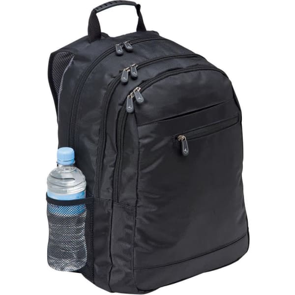 A black laptop backpack with multiple compartments and a side pocket holding a drink bottle.