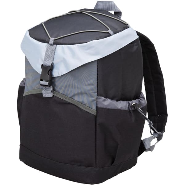 A black and grey backpack cooler with a light blue top, featuring adjustable straps and a logo.