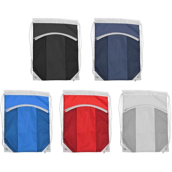 Five drawstring bags in black, navy, blue, red, and grey, each featuring a front mesh pocket and adjustable straps.