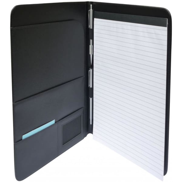 A black A4 compendium featuring storage pockets, a notepad, and a metallic clip for papers.