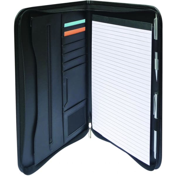 An A4 zip compendium in black with sections for cards, a notepad, and a pen holder.