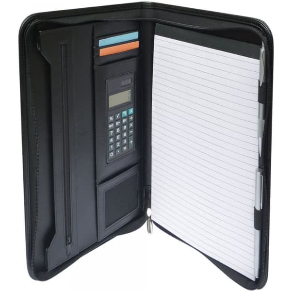 A black A4 compendium featuring a calculator, organiser pockets, and lined notepad.