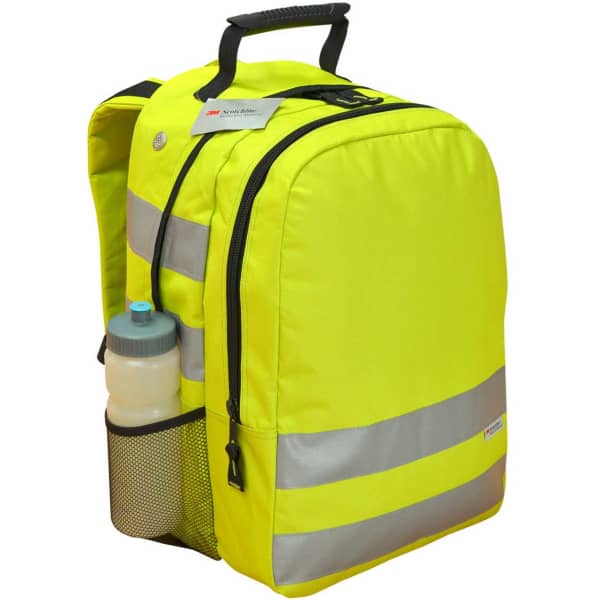 A bright yellow backpack with reflective strips, featuring a side pocket for a drink bottle and a logo.