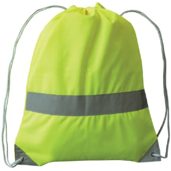 A drawstring bag in hi-viz yellow with reflective strips and matching drawstrings. It features a logo on the front.
