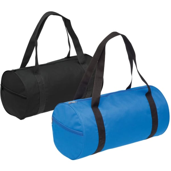 A black and a blue barrel sports bag with two handles, featuring a zippered compartment and a logo.