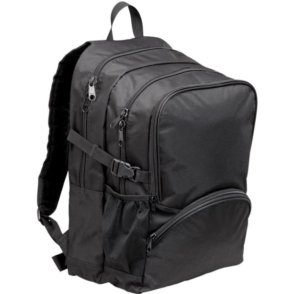 A black heavy-duty backpack with multiple compartments and a logo, designed for durability and functionality.