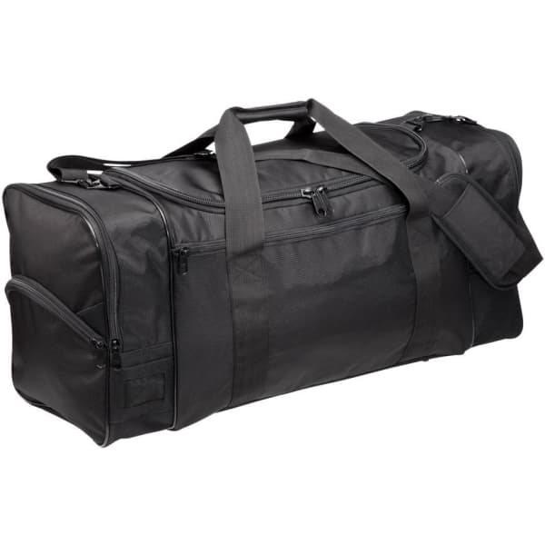A black heavy-duty sports bag with multiple compartments and a detachable side pouch. It features handles and a shoulder strap.