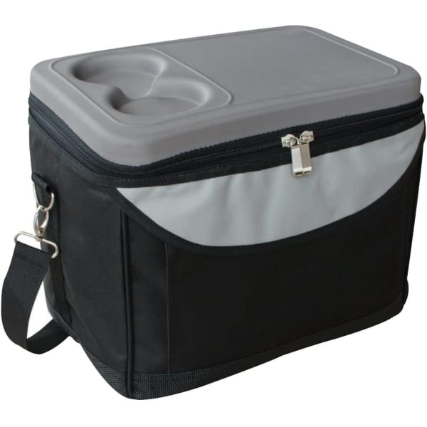 A hard top cooler bag in black with a grey lid and front pocket, featuring a handle and zipper closure.