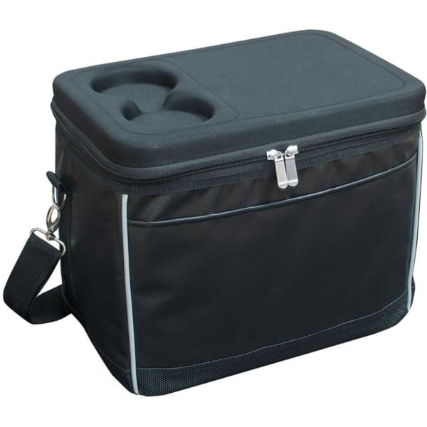 A black cooler bag with a hard top and a zip closure, featuring a handle and compartments for drink bottles.