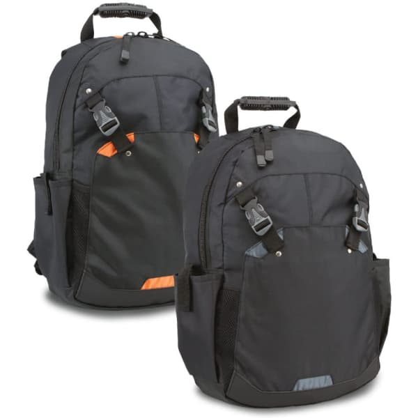 A black laptop backpack with orange accents, featuring adjustable straps and multiple compartments. It has branding on the front.