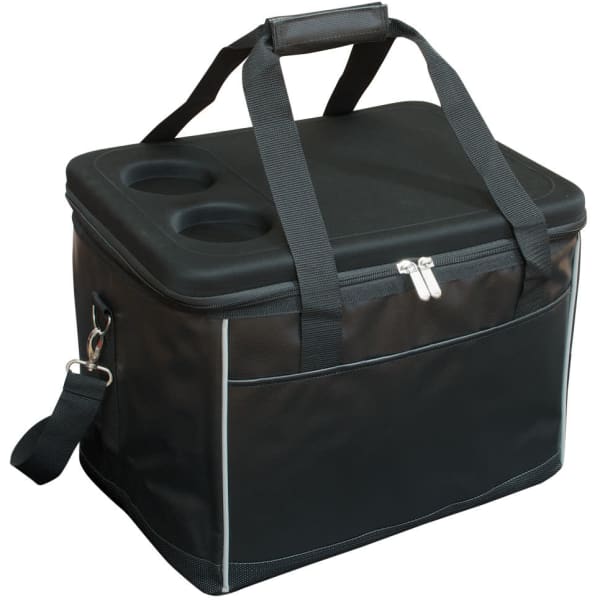 A large black cooler bag with a hard top, featuring two cup holders and a detachable shoulder strap.