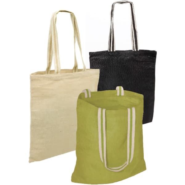 A set of three eco jute tote bags in cream, black, and green, featuring handles and a logo.