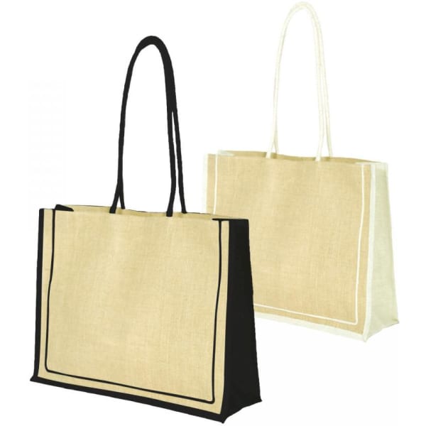 Eco jute shoulder bags in natural and cream colours with contrasting handles, featuring a logo on each bag.