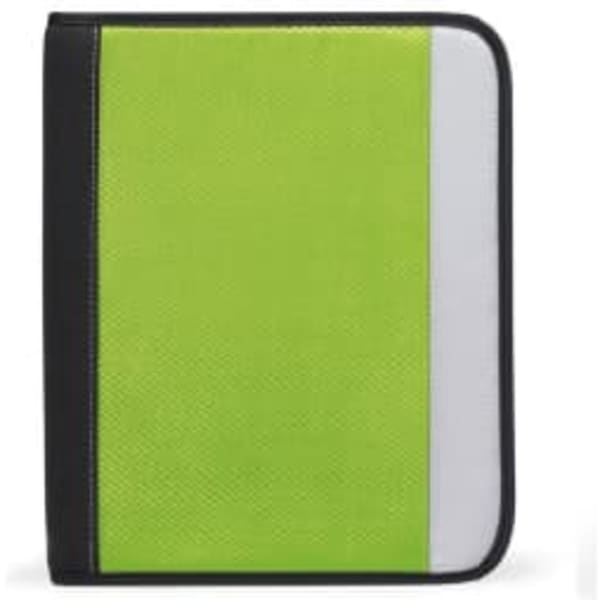 A green and black compendium with a textured surface, featuring a white panel and a logo on the front.