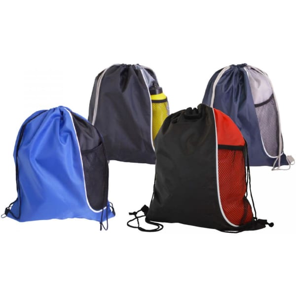 Four drawstring bags in various colours: blue, black, grey, and yellow, with mesh panels and one featuring a logo.