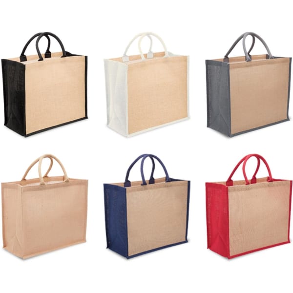 Large eco jute totes in black, white, grey, navy, and red, featuring sturdy handles and a branded logo.
