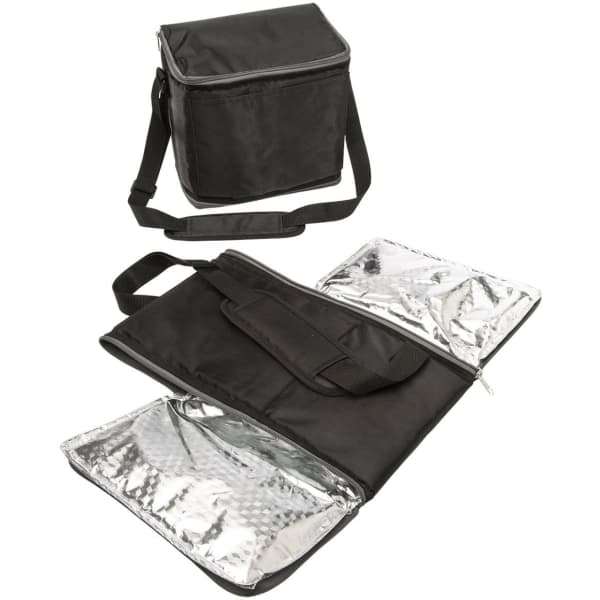 A black, insulated cooler bag with a detachable strap and silver lining inside, featuring a zip closure.