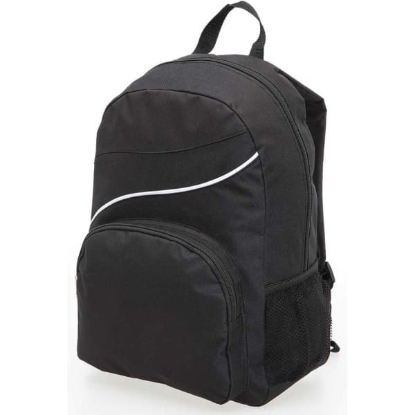 A black backpack with a front pocket and a side mesh pocket, featuring a subtle design and a logo.