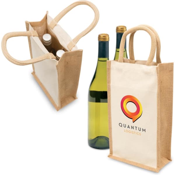 An eco-friendly jute wine bag in natural and tan colours, designed to hold two bottles with a logo on one side.
