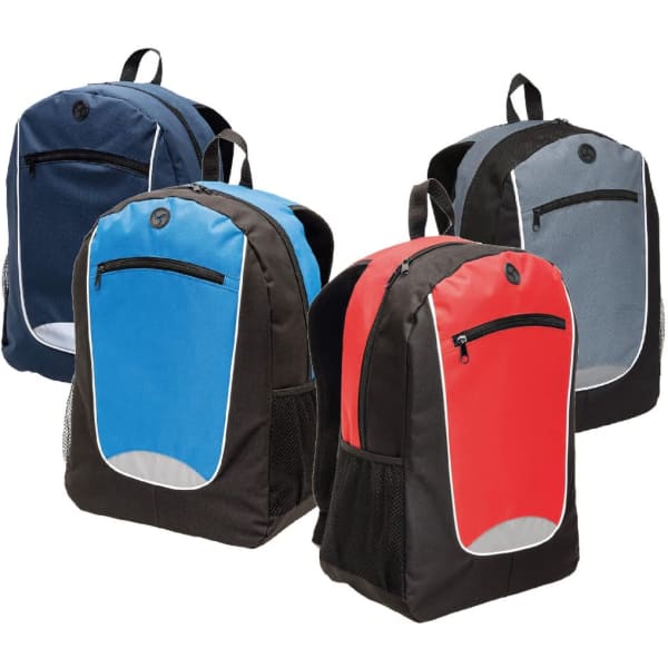 Four backpacks in navy, grey, blue, and red, each with a front zip pocket and side mesh pockets. Each has a logo.