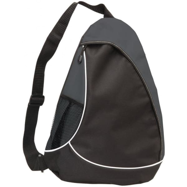 A black and grey sling bag with a mesh side pocket and a logo. Features a single adjustable shoulder strap.