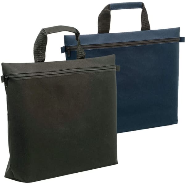 A green and a navy satchel bag with handles and zip closures, featuring branding on the front.