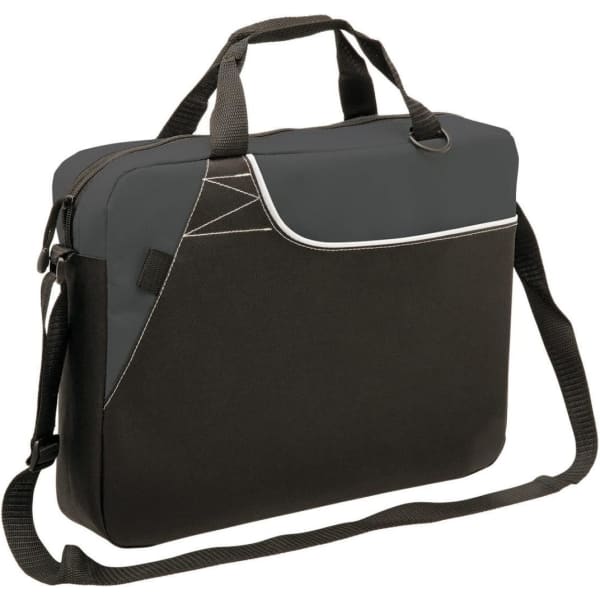 A sleek black and grey satchel bag with a shoulder strap and two handles, featuring a logo.