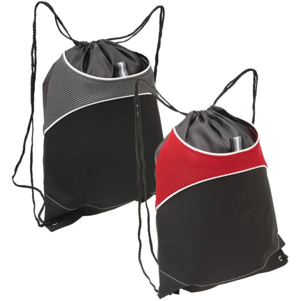 A drawstring bag in black with grey and red mesh accents, featuring a logo on the front.