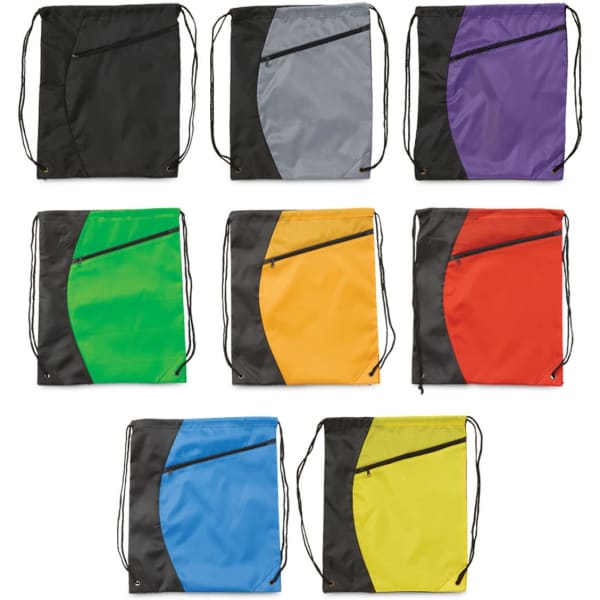 A variety of drawstring bags in grey, purple, green, orange, red, blue, and yellow, each with a black design and logo.