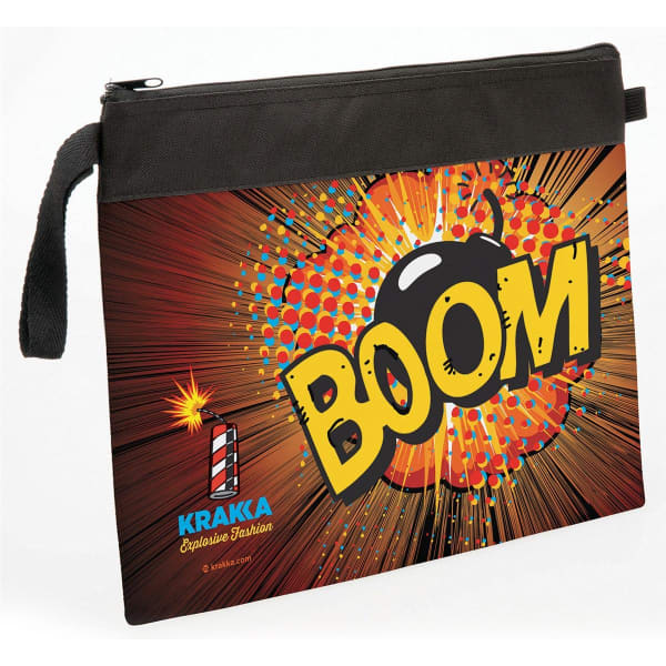 A black portfolio with a colourful graphic featuring an explosive design and the word 