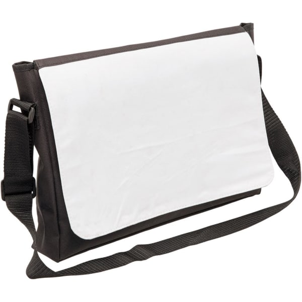 A black and white satchel bag with a shoulder strap, featuring a solid front panel and a carrying handle.