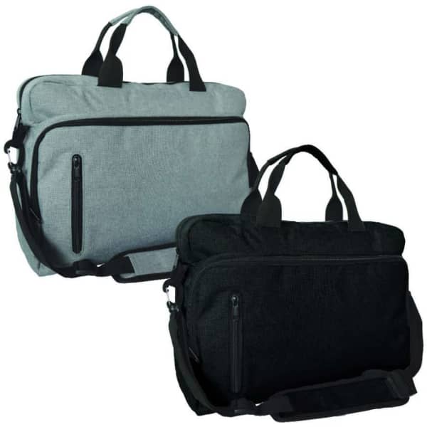 Two laptop satchels are displayed, one in grey and one in black, featuring handles and an adjustable shoulder strap.