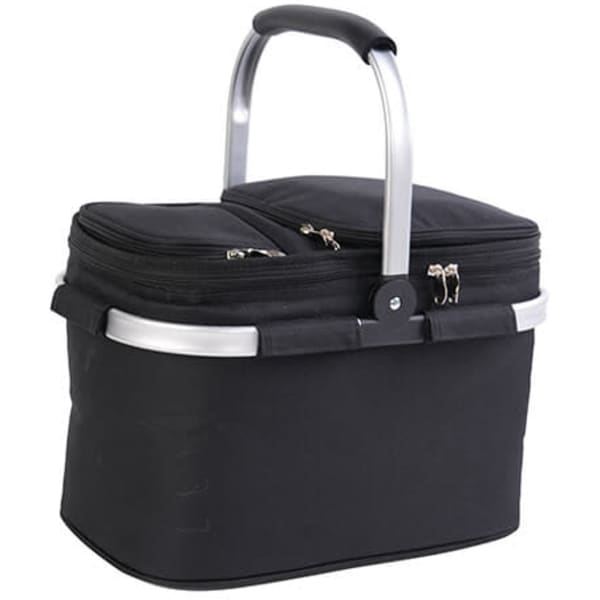 A black picnic basket cooler with a silver handle and zipped compartments. It features an aluminium frame.