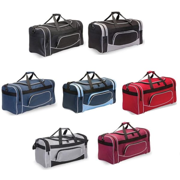 A collection of Ranger Sports Bags in black, navy, red, grey, and light blue, featuring various designs and branding.